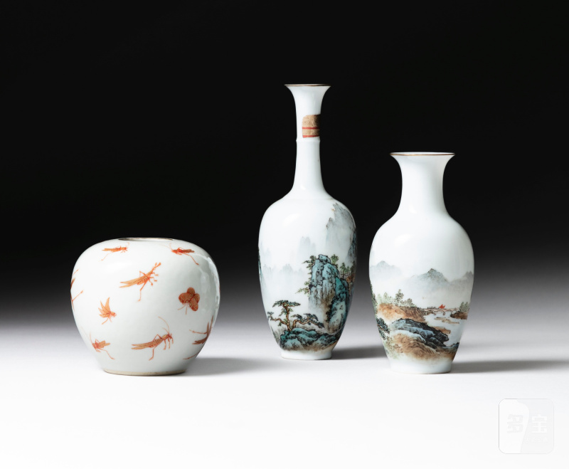 Two famille-rose 'landscape' vases, Republic period and an iron-red and gilt-decorated water pot, Mark and period of Guangxu - 图3